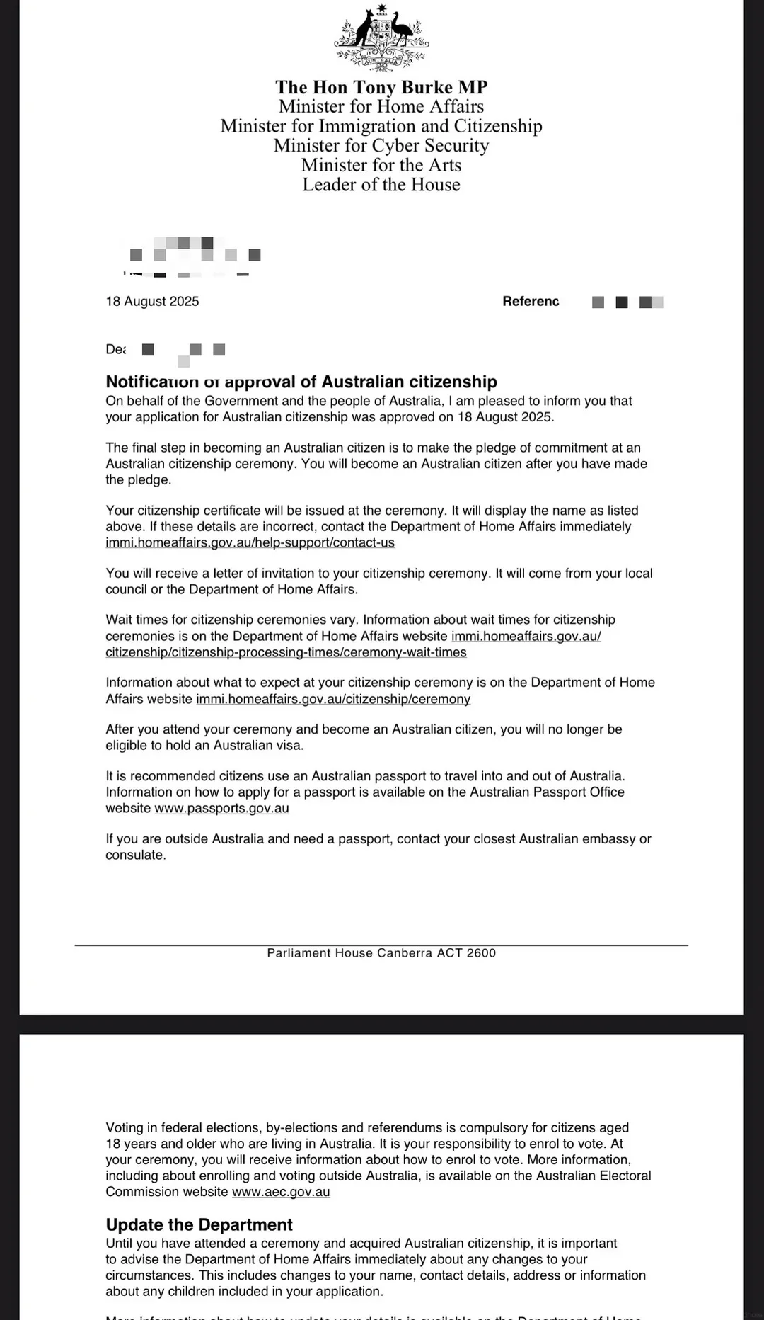 Official citizenship approval letter