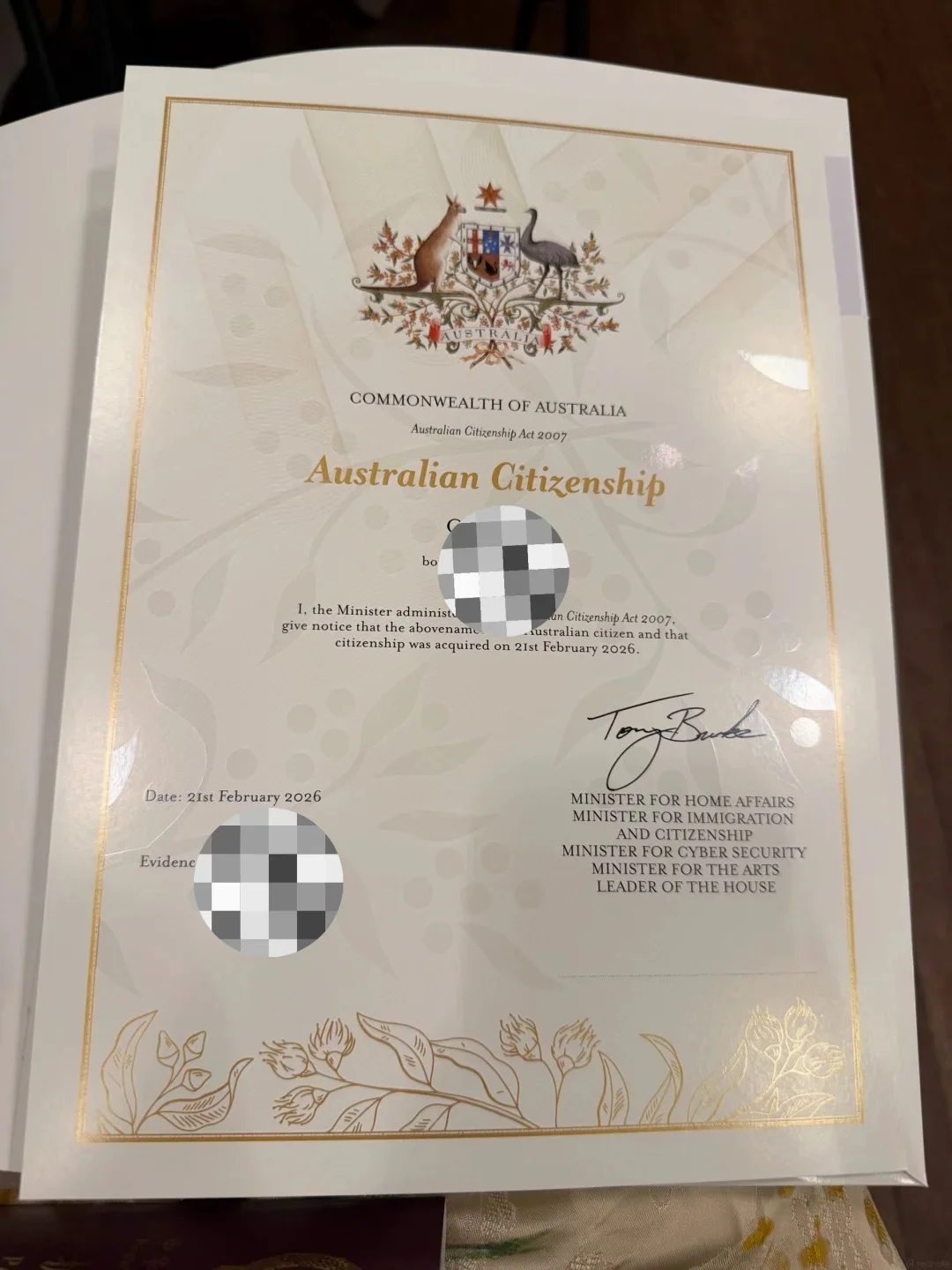 Australian citizenship certificate closeup